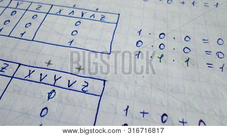 Truth And Falsity Table Written On A Notebook. Side View. The Work Of The Programmer And Sisadmida