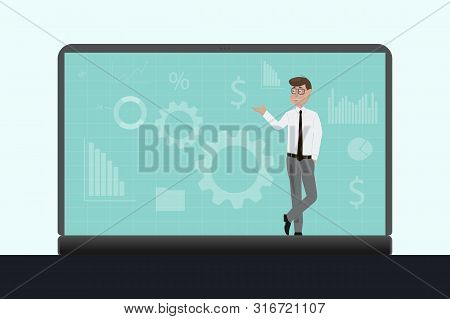 Businessman Stands On A Laptop. Businessman Working In The Stock Market With Financial Charts Bitcoi