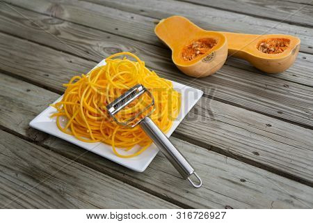 Freshly Peeled Butternut Squash Vegetable Noodles Via Julienne Peeler