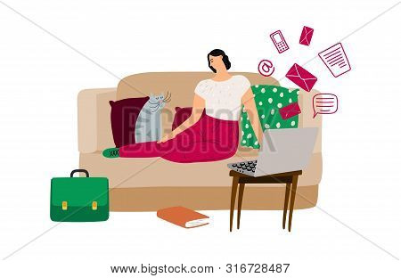 Procrastination Concept. Vector Illustration With Relaxing Girl On Sofa, Cat, Laptop. Delay Work And