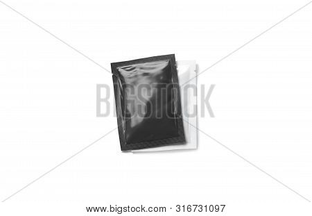 Blank Black And White Sachet Packet Stack Mockup, Isolated, 3d Rendering. Empty Rectangular Parcel W
