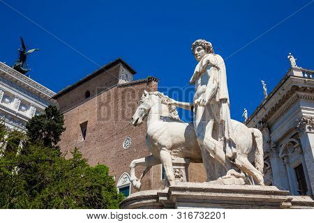Rome, Italy - April, 2018: Statues Of The Dioscuri At The Campidoglio On Capitoline Hill