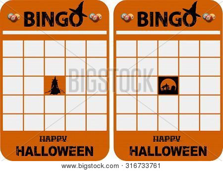 Halloween Themed Blank Orange Bingo Cards With Decorated Bingo And Halloween Text Balls Witch And Gr