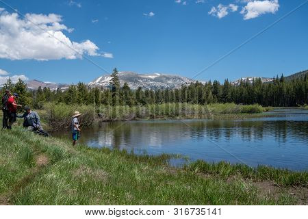 Yosemite National Park, Ca - July 11, 2019: Family Fishes In A Small Pond In Yosemite National Park,