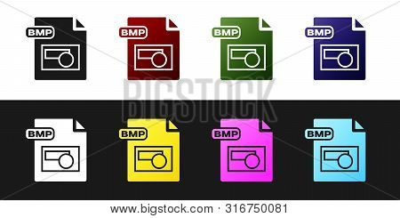 Set Bmp File Document. Download Bmp Button Icon Isolated On Black And White Background. Bmp File Sym