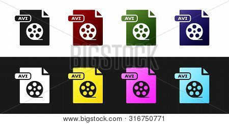 Set Avi File Document. Download Avi Button Icon Isolated On Black And White Background. Avi File Sym