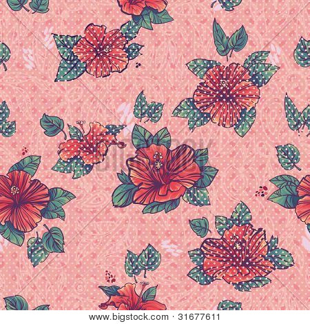 Pink blomster sømløse mønster med blomster af Hibiscus. Polka Dot