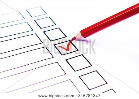 White Bulletin With Checkboxes And Red Pencil And Tick Drawn As Positive Selection Signs. Elections,