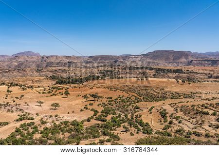 Landscape In Gheralta In Tigray, Northern Ethiopia, Africa. Trip From Axum To Gheralta
