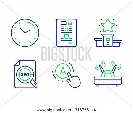 Time, Ab Testing And Coffee Vending Line Icons Set. Winner Podium, Seo File And Wifi Signs. Clock, A