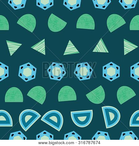 Blue And Green Organic Circular Shapes And Triangles On Blue Background Seamless Pattern.