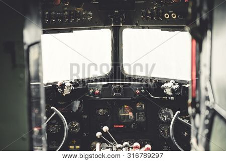 York, Uk - 6th August 2019: Ww2 Douglas Dakota Iv C-47b Cockpit Shot From The Inside On A Bright Sun