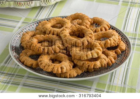 Traditional dish with festive Moroccan Kaak, anise cookies  