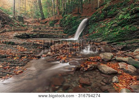 Autumn Mountain Waterfall Stream In The Rocks With Colorful Red Fallen Dry Leaves, Natural Seasonal 