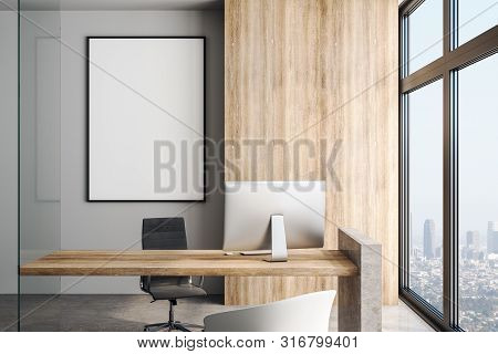 White Blank Poster On Concrete Wall In Modern Office In Skyscraper