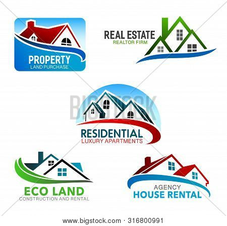 Construction, Real Estate And Rental Agency Vector Symbols With Houses. Home Isolated Icons Of Build