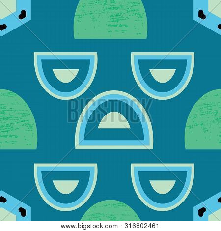Blue And Green Organic Circular Shapes On Blue Background Seamless Pattern.