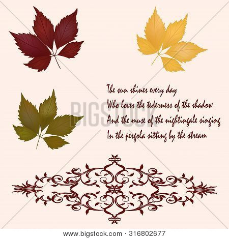 Autumn Maple Leaves, Openwork Decoration Element, Arabesque, Poetic Text - Light Background - Vector
