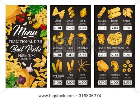Italian Cuisine Restaurant Vector Menu Of Pasta, Spaghetti And Macaroni With Spices And Herbs. Penne