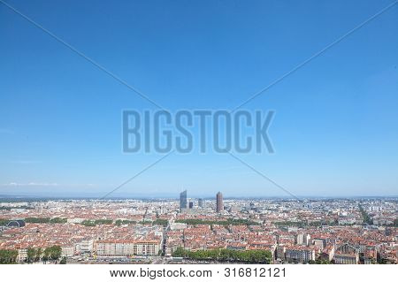 Aerial Panoramic View Of Lyon With The Skyline Of Lyon Skyscrapers Visible In Background And Saone R