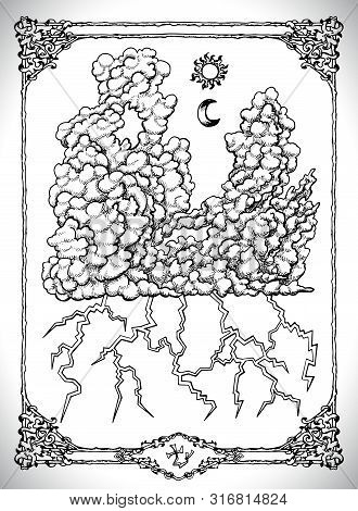Mediaval Castle Or Town With Towers. Vector Line Art Mystic Illustration. Engraved Drawing In Gothic