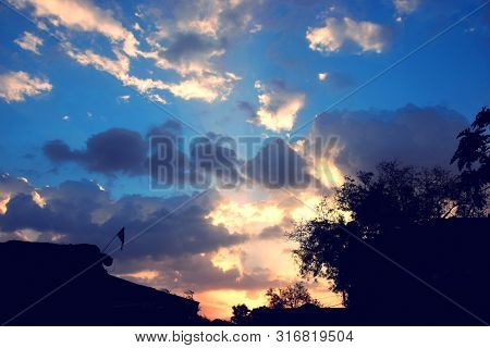 Glorious Sunrise, Beautiful Blue Sky With Clouds.