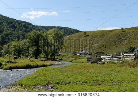 Taiga Village Generalka In The Mountains Of Altai Krai. Western Siberia. Russia
