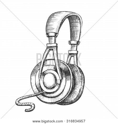 Listening Audio Device Cable Headphones Ink Vector. Electronic Gadget Headphones With Cord For Liste