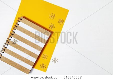 Flat Lay Withgold Melal Clips, Fashion Copybook For Writing And Drawing On Tabletop Work Space With 