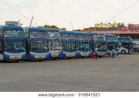 Bangkok, Thailand - December 14, 2018: Parking Of Intercity Double-decker Buses At The Mochit Bus St