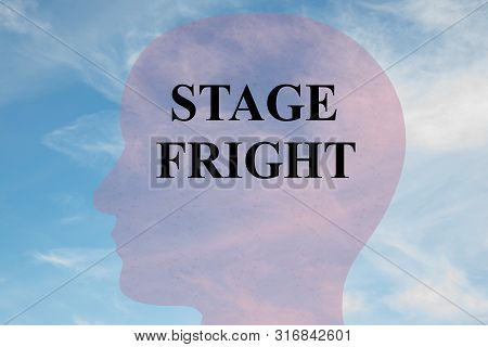Render Illustration Of Stage Fright Title On Head Silhouette, With Cloudy Sky As A Background.