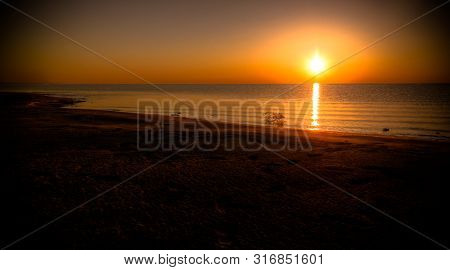 Sunrise Panorama View To Aral Sea From The Rim Of Plateau Ustyurt Near Aktumsuk Cape , Karakalpaksta