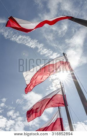 Polish Natonal Flags Fluttering In The Wind With Blue Sky And Sun Rays