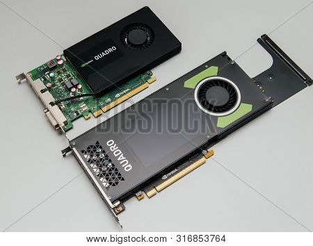 Paris, France - Aug 23, 2017: View From Above Of Two Nvidia Quadro Professional Gpu Video Cards P400