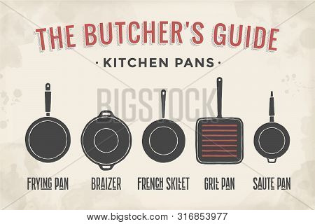 Set Of Kitchen Pans. Poster Kitchenware - Pans, Grill, Pot