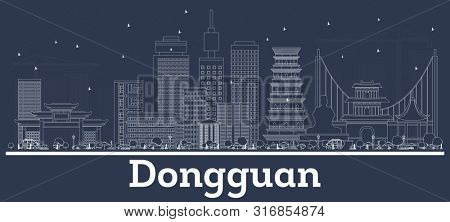 Outline Dongguan China City Skyline with White Buildings. Business Travel and Tourism Concept with Modern Architecture. Dongguan Cityscape with Landmarks.