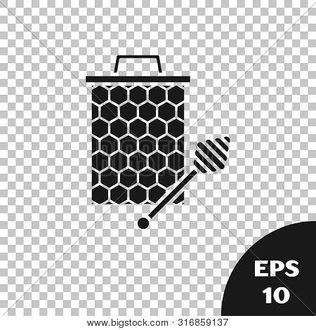 Black Honeycomb With Honey Dipper Stickicon Isolated On Transparent Background. Honey Ladle. Honey C