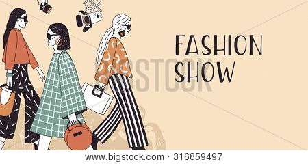 Banner Template For Fashion Show With Top Models Wearing Trendy Seasonal Clothes Walking Along Runwa