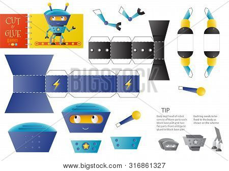 Cut And Glue Robot Toy Vector Illustration, Worksheet. Paper Craft And Small Pieces Riddle With Funn