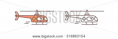 Set Of Colorful And Monochrome Ambulance Helicopters Isolated On White Background. Rotorcraft For Em