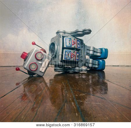 vintage bot lost his head on a old wooden floor with reflection 