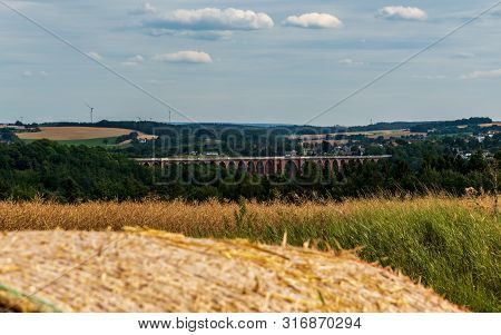 View To Gotltschtalbrucke Bridge With Netzschkau Town And Beautifull Hilly Countryside On The Backgr