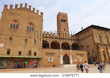 Bologna, Italy - July 22, 2019: Palazzo Re Enzo Palace In Piazza Del Nettuno Square, Bologna, Italy.