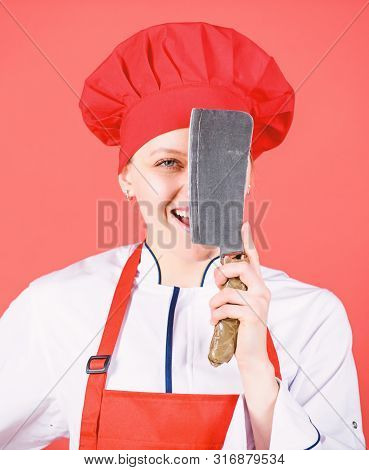 Dangerous Lady. Best Knives To Buy. Stainless Steel. Be Careful While Cut. Woman Chef Hold Sharp Kni