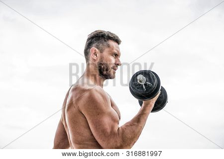 Athletic Body. Dumbbell Gym. Muscular Man Exercising In Morning With Barbell. Fitness And Sport Equi