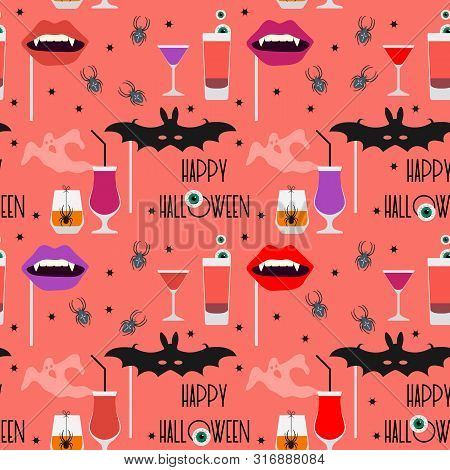 Halloween Party 2020. Vector Seamless Pattern With Inscription Happy Halloween, Eye, Bat Mask, Vampi