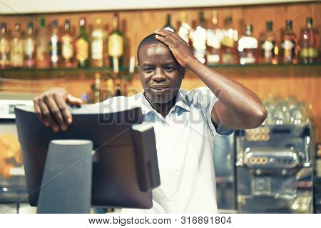 African Bartender Made A Mistake In The Bill, Emotiona Restaurant Worker Registrating New Order By C