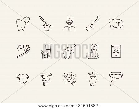 Teeth Cleaning Line Icon Set. Doctor, Brush, Toothpaste, Fairy. Dental Care Concept. Can Be Used For