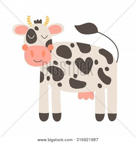 Cute Funny Farm Animal For Kids. Nursery Print Cartoon Cow. Black, White And Pink.
