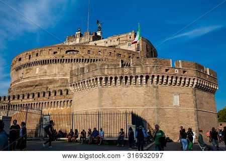 Rome, Italy - April, 2018: Tourists At The Beautiful Mausoleum Of Hadrian Also Called Sant Angelo Ca